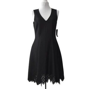 Donna Ricco Black Sleeveless V Neck Dress Womens 10 Eyelet Laser Cut Hem LBD